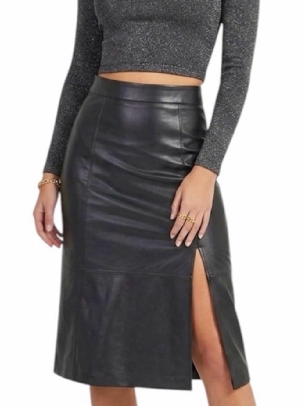 Nine West Black Faux Leather Midi Skirt with Side Slit Detail NWT